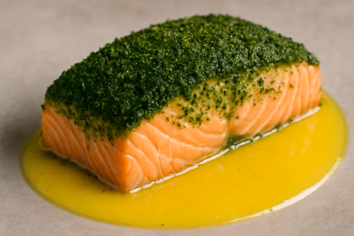 Salmão sous‑vide com crosta de ervas e emulsão cítrica — técnica e sabor para cardápios exigentes