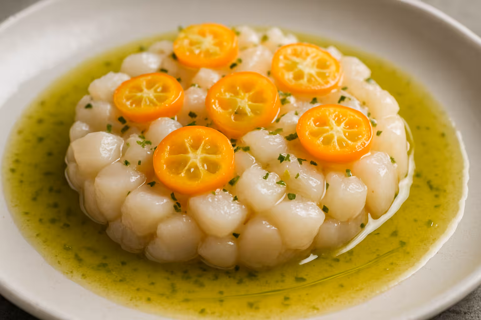 Mar em Silhueta: tártaro de vieiras com vinagrete de kumquat e óleo de erva‑cidreira