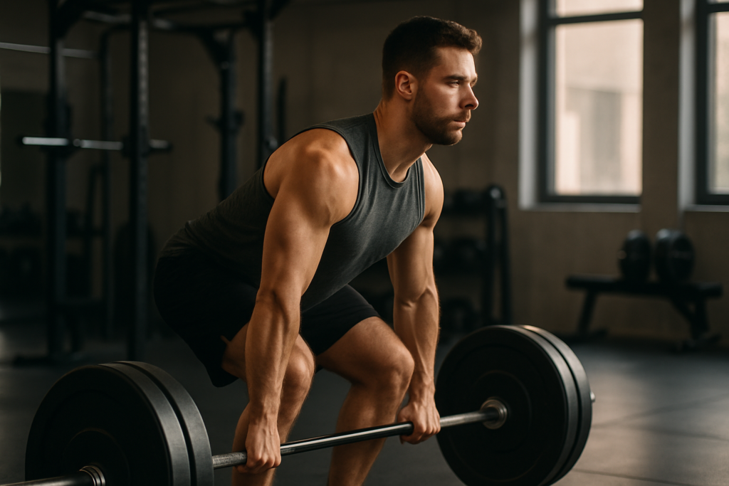Treinamento natural com atleta musculoso executando levantamento terra em academia moderna