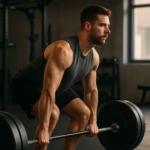 Treinamento natural com atleta musculoso executando levantamento terra em academia moderna