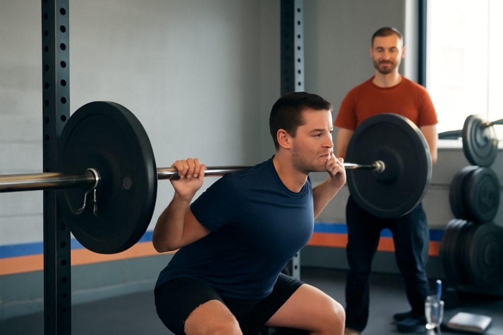 Treinamento natural ganhar músculos com atleta adulto fazendo agachamento sob supervisão.