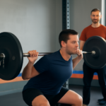 Treinamento natural ganhar músculos com atleta adulto fazendo agachamento sob supervisão.