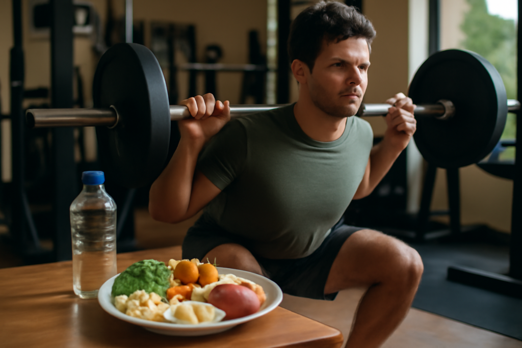 Treinamento natural como ajustar calorias e macros com atleta agachando e refeição equilibrada