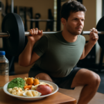 Treinamento natural como ajustar calorias e macros com atleta agachando e refeição equilibrada