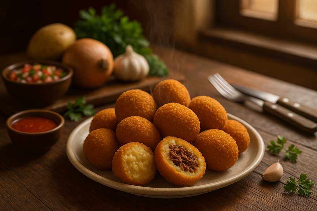 Como fazer bolinho costela: bolinhos dourados, com massa de batata e recheio de carne desfiada