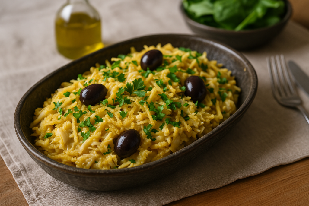 Travessa rústica com bacalhau à Brás fácil, ovos cremosos, batata palha e cebola dourada